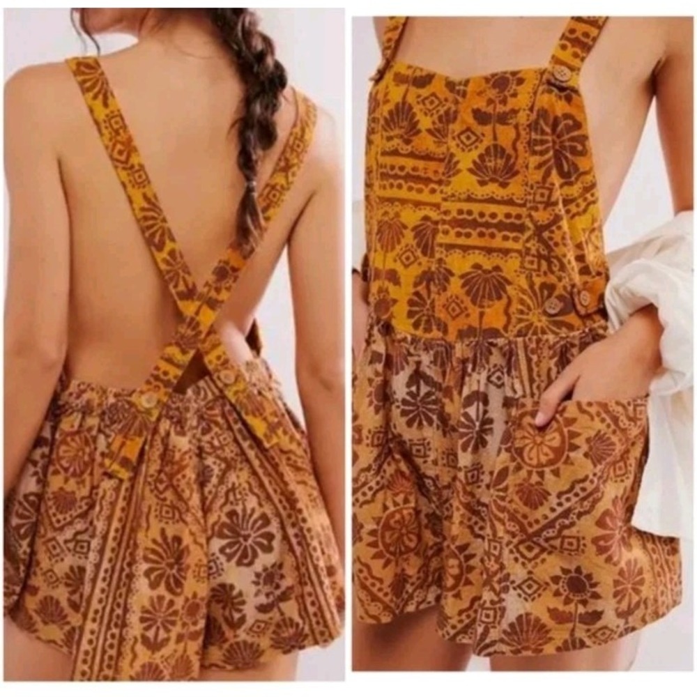 FREE PEOPLE Floral Print Romper L Shortalls Jumper Playsuit Goblincore Hippie - Picture 2 of 9